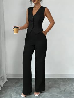 Women's Black Two Piece Outfit Sleeveless V Neck Vest Blazer High Waist Wide Leg Pants Elegant Office Spring Summer Suit Set