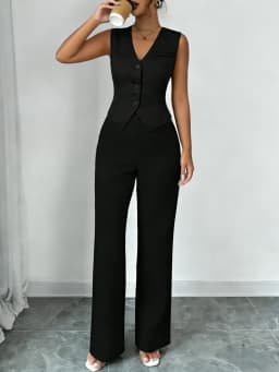 Women's Black Two Piece Outfit Sleeveless V Neck Vest Blazer High Waist Wide Leg Pants Elegant Office Spring Summer Suit Set