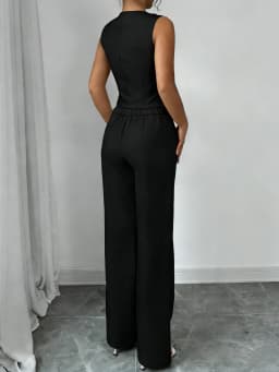 Women's Black Two Piece Outfit Sleeveless V Neck Vest Blazer High Waist Wide Leg Pants Elegant Office Spring Summer Suit Set