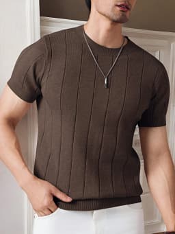 Summer Men Slim-fit Knitted T Shirt O Neck Solid Color Short Sleeve Casual Business Tees Trendy All-match Breathable Tops S-2XL
