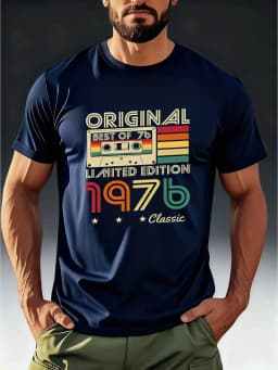 Men's Vintage 1976 Cassette Tape T-Shirt Retro ORIGINAL 1976 Print Short Sleeve Round Neck Tee Clothing Short Sleeve Shirt