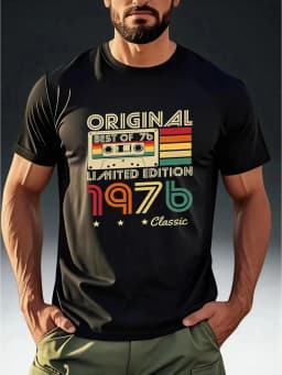Men's Vintage 1976 Cassette Tape T-Shirt Retro ORIGINAL 1976 Print Short Sleeve Round Neck Tee Clothing Short Sleeve Shirt