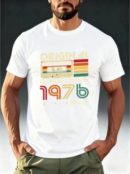 Men's Vintage 1976 Cassette Tape T-Shirt Retro ORIGINAL 1976 Print Short Sleeve Round Neck Tee Clothing Short Sleeve Shirt