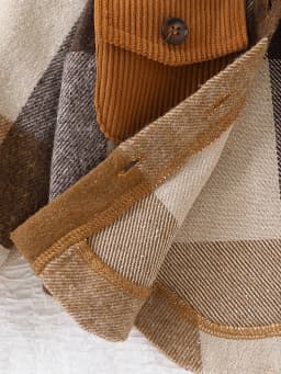 [Retro Style] Baby Boy's Woolen Plaid Outwear with Corduroy Lapel + Patch Pocket Design, Double-Breasted Autumn and Winter Outerwear