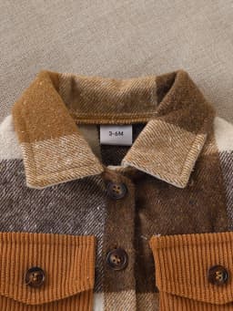 [Retro Style] Baby Boy's Woolen Plaid Outwear with Corduroy Lapel + Patch Pocket Design, Double-Breasted Autumn and Winter Outerwear