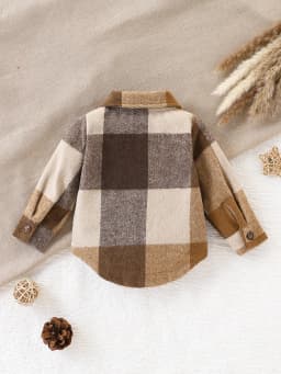 [Retro Style] Baby Boy's Woolen Plaid Outwear with Corduroy Lapel + Patch Pocket Design, Double-Breasted Autumn and Winter Outerwear