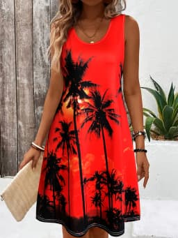 Women's Sleeveless Round Neck Tropical Print Beach Dress, Orange Red Purple Palm Tree Design, Summer Vacation Casual Dress