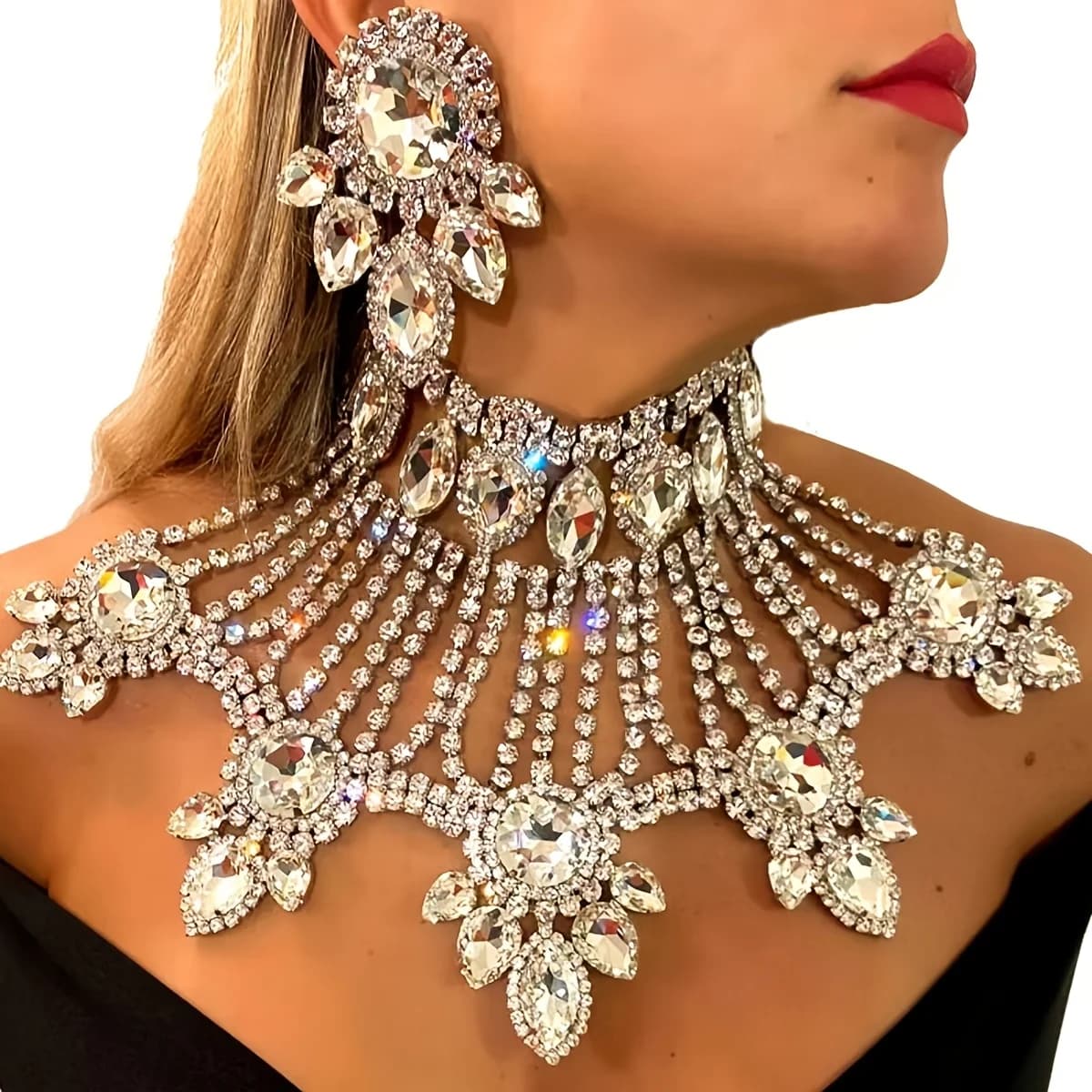 Luxurious and Exaggerated Rhinestone Necklace and Earring Set, Fashionable Evening Gown Accessories