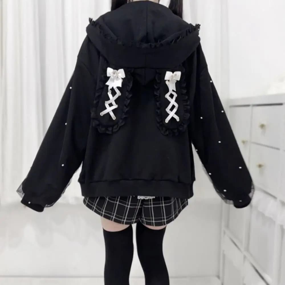 Long Sleeve Strapped Rabbit Ear Hoodie Thick Warm Lolita JK Cardigans Women Y2K Ladies Top Winter Autumn Lace Bow Coats Female