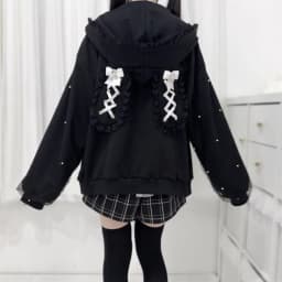 Long Sleeve Strapped Rabbit Ear Hoodie Thick Warm Lolita JK Cardigans Women Y2K Ladies Top Winter Autumn Lace Bow Coats Female