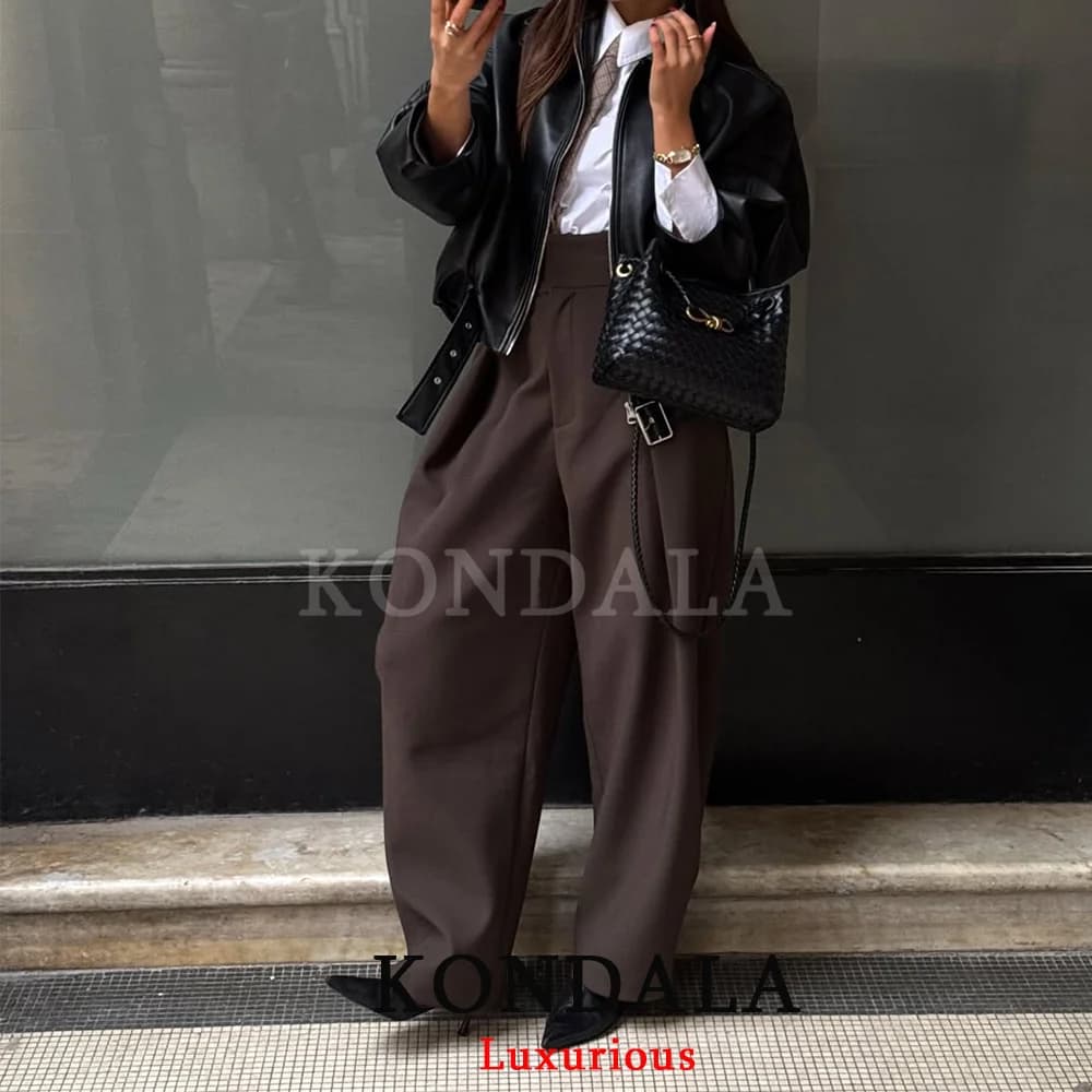 KONDALA Casual Loose Pleated Long Pants Women Wide Leg Pockets High Waist Straight Pants Fashion 2026 Spring Summer Women Pants