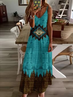 Women Vintage Tribal Print V Neck Slip Dress Summer Casual Dress Lightweight Breathable Fabric All Season Elegant Formal or