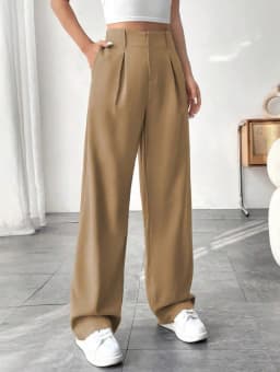 Women High Waist Straight Leg Trousers Slim Fit Solid-coloured Pleated Suit Trousers with Pockets Office Classic Casual Pants