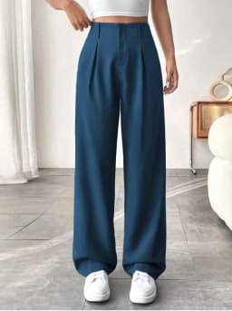 Women High Waist Straight Leg Trousers Slim Fit Solid-coloured Pleated Suit Trousers with Pockets Office Classic Casual Pants
