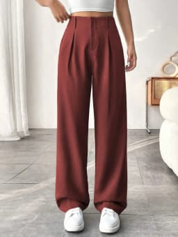 Women High Waist Straight Leg Trousers Slim Fit Solid-coloured Pleated Suit Trousers with Pockets Office Classic Casual Pants