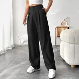 Women High Waist Straight Leg Trousers Slim Fit Solid-coloured Pleated Suit Trousers with Pockets Office Classic Casual Pants