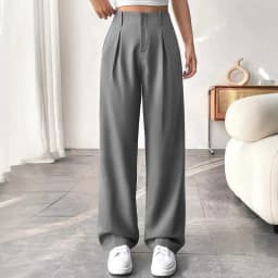 Women High Waist Straight Leg Trousers Slim Fit Solid-coloured Pleated Suit Trousers with Pockets Office Classic Casual Pants