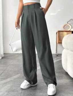 Women High Waist Straight Leg Trousers Slim Fit Solid-coloured Pleated Suit Trousers with Pockets Office Classic Casual Pants