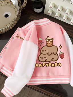 Capybara Strawberry Print Children's Baseball Jacket, Girls' Casual Button Jacket, Spring and Autumn Clothing