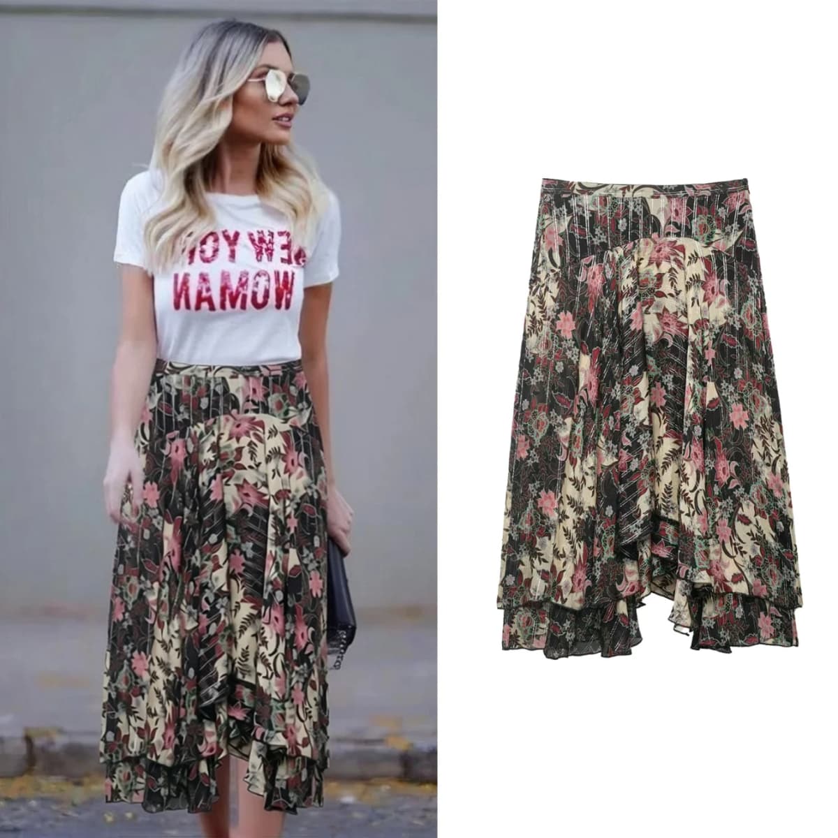 Women's Midi High Waist floral Printd Skirts Summer Female Chic Asymmetrical Casual Skirt Lady Elegant Holiday Print Skirt