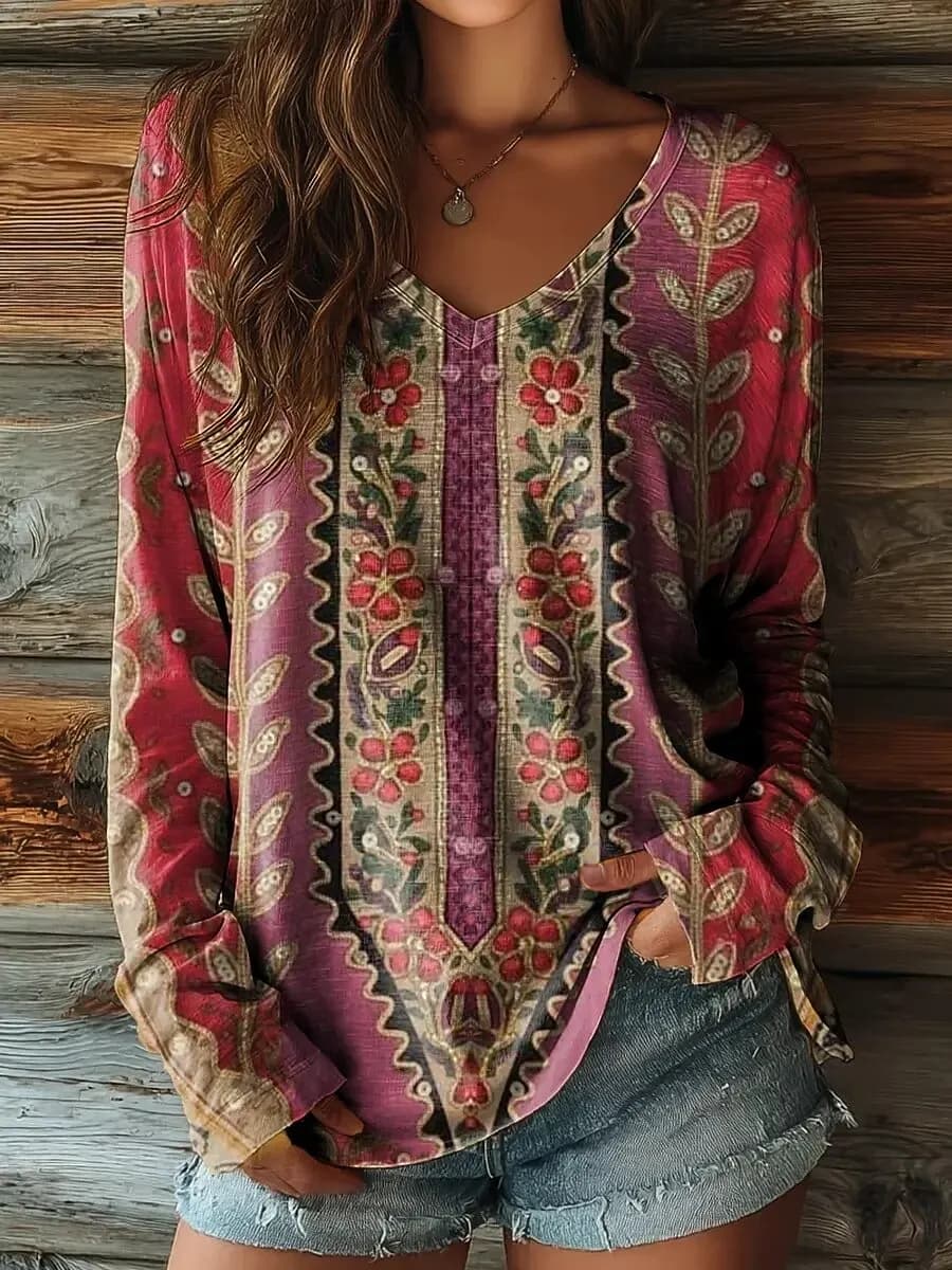 Women's Floral Print Vintage Boho Long Sleeve V-Neck Tops, Daily Wear, Purple