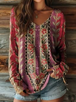 Women's Floral Print Vintage Boho Long Sleeve V-Neck Tops, Daily Wear, Purple