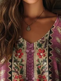 Women's Floral Print Vintage Boho Long Sleeve V-Neck Tops, Daily Wear, Purple