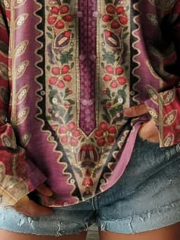 Women's Floral Print Vintage Boho Long Sleeve V-Neck Tops, Daily Wear, Purple