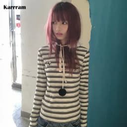 Karrram Japanese Y2k Striped Knit T-shirt Vintage Harajuku Long Sleeve Knitted Tops Korean 2000s Style Knitwear American Retro