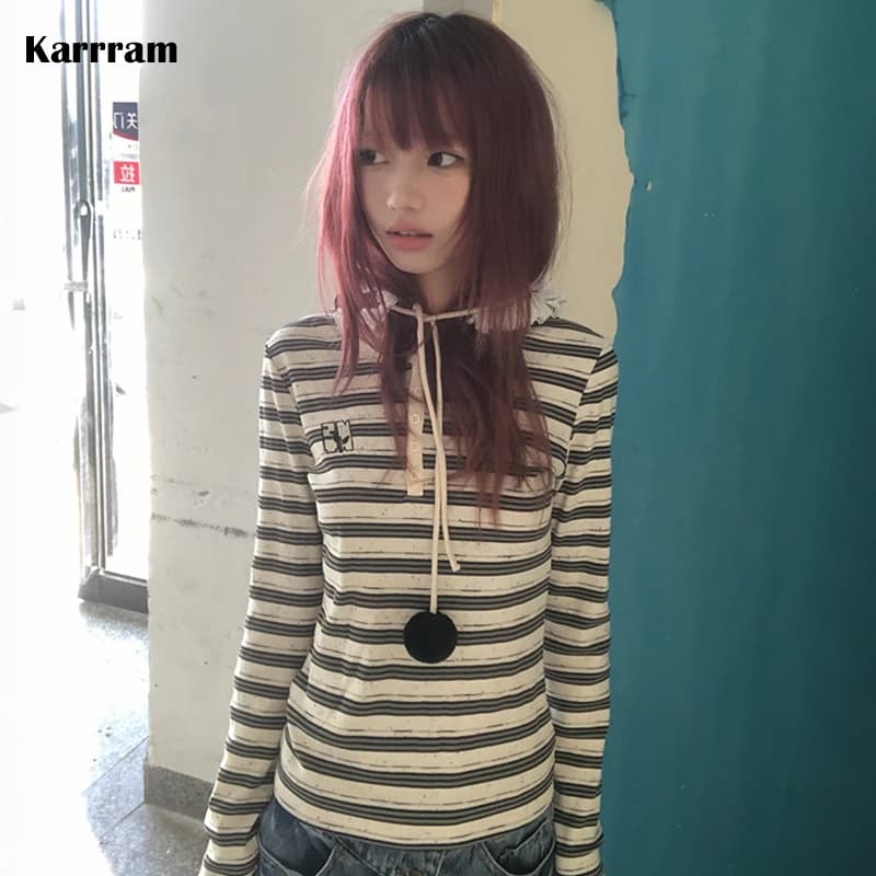 Karrram Japanese Y2k Striped Knit T-shirt Vintage Harajuku Long Sleeve Knitted Tops Korean 2000s Style Knitwear American Retro