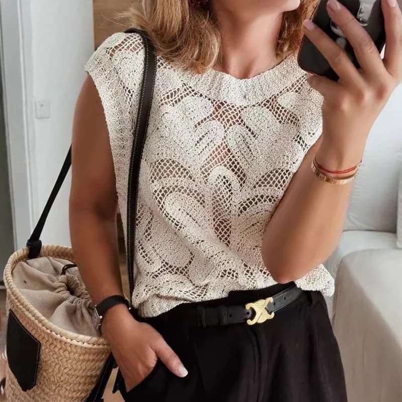 Crochet Vest Top Sheer Floral Embroidered Lace Tank Sleeveless Blouse Openwork Mesh Top Retro Boho Summer Beach Vacation Outfit