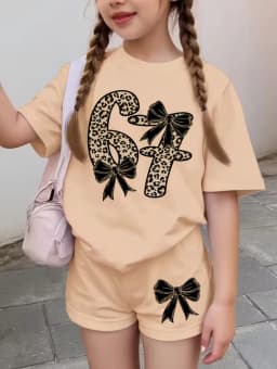 Funny Six Seven Italian Brainrot 67 Leopard Print Kids Short Sleeve Suit Children Clothing T-Shirt+ Shorts 2pc Set Girls Clothes