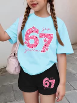 Funny Six Seven Italian Brainrot 67 Leopard Print Kids Short Sleeve Suit Children Clothing T-Shirt+ Shorts 2pc Set Girls Clothes