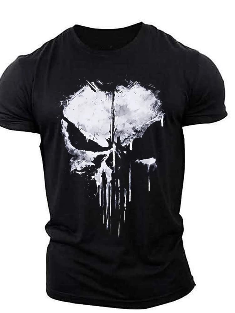 Skull Splash Paint Men Cotton TShirt Grunge Streetwear Athleisure Black White Graphic Tee Summer Short Sleeve Top