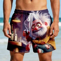 Men's Funny Old Man Cartoon Beach Shorts, Mid Waist Board Shorts, Elastic Drawstring, Retro Vintage Vacation Wear