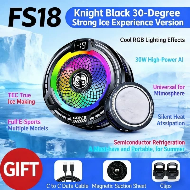 FS18 Mobile Phone Cooler 30W AI Smart Temperature Control TEC Semiconductor Cooling Fan Radiator with RGB Light for IOS Android