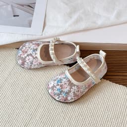 Pink Blue Floral Embroidery Mesh Ballet Flat Baby Girl Elegant Pearl Strap Mary Jane Shoes Kid Wedding Party Lace Ballerina Shoe