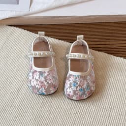 Pink Blue Floral Embroidery Mesh Ballet Flat Baby Girl Elegant Pearl Strap Mary Jane Shoes Kid Wedding Party Lace Ballerina Shoe