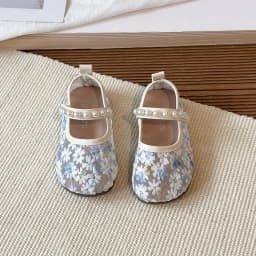 Pink Blue Floral Embroidery Mesh Ballet Flat Baby Girl Elegant Pearl Strap Mary Jane Shoes Kid Wedding Party Lace Ballerina Shoe