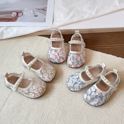 Pink Blue Floral Embroidery Mesh Ballet Flat Baby Girl Elegant Pearl Strap Mary Jane Shoes Kid Wedding Party Lace Ballerina Shoe