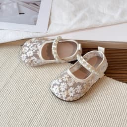 Pink Blue Floral Embroidery Mesh Ballet Flat Baby Girl Elegant Pearl Strap Mary Jane Shoes Kid Wedding Party Lace Ballerina Shoe