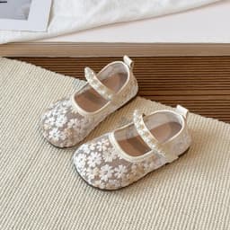 Pink Blue Floral Embroidery Mesh Ballet Flat Baby Girl Elegant Pearl Strap Mary Jane Shoes Kid Wedding Party Lace Ballerina Shoe