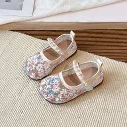 Pink Blue Floral Embroidery Mesh Ballet Flat Baby Girl Elegant Pearl Strap Mary Jane Shoes Kid Wedding Party Lace Ballerina Shoe