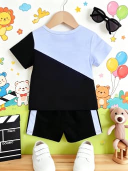 Color Block Dad Me Hand In Hand Print Short Sleeve Shorts Set Boys Casual Style New Arrival