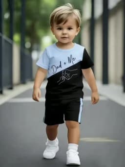 Color Block Dad Me Hand In Hand Print Short Sleeve Shorts Set Boys Casual Style New Arrival