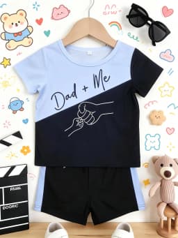 Color Block Dad Me Hand In Hand Print Short Sleeve Shorts Set Boys Casual Style New Arrival