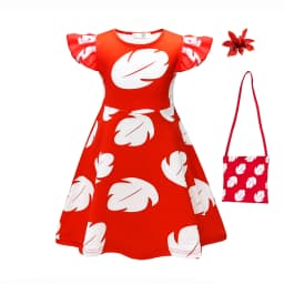 Hawaiian Girl Red Frock with White Feather Summer Casual Beach Dress Costume Play Cute Ohana Spirit Role Playing Apparel 2-12Yrs