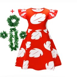Hawaiian Girl Red Frock with White Feather Summer Casual Beach Dress Costume Play Cute Ohana Spirit Role Playing Apparel 2-12Yrs