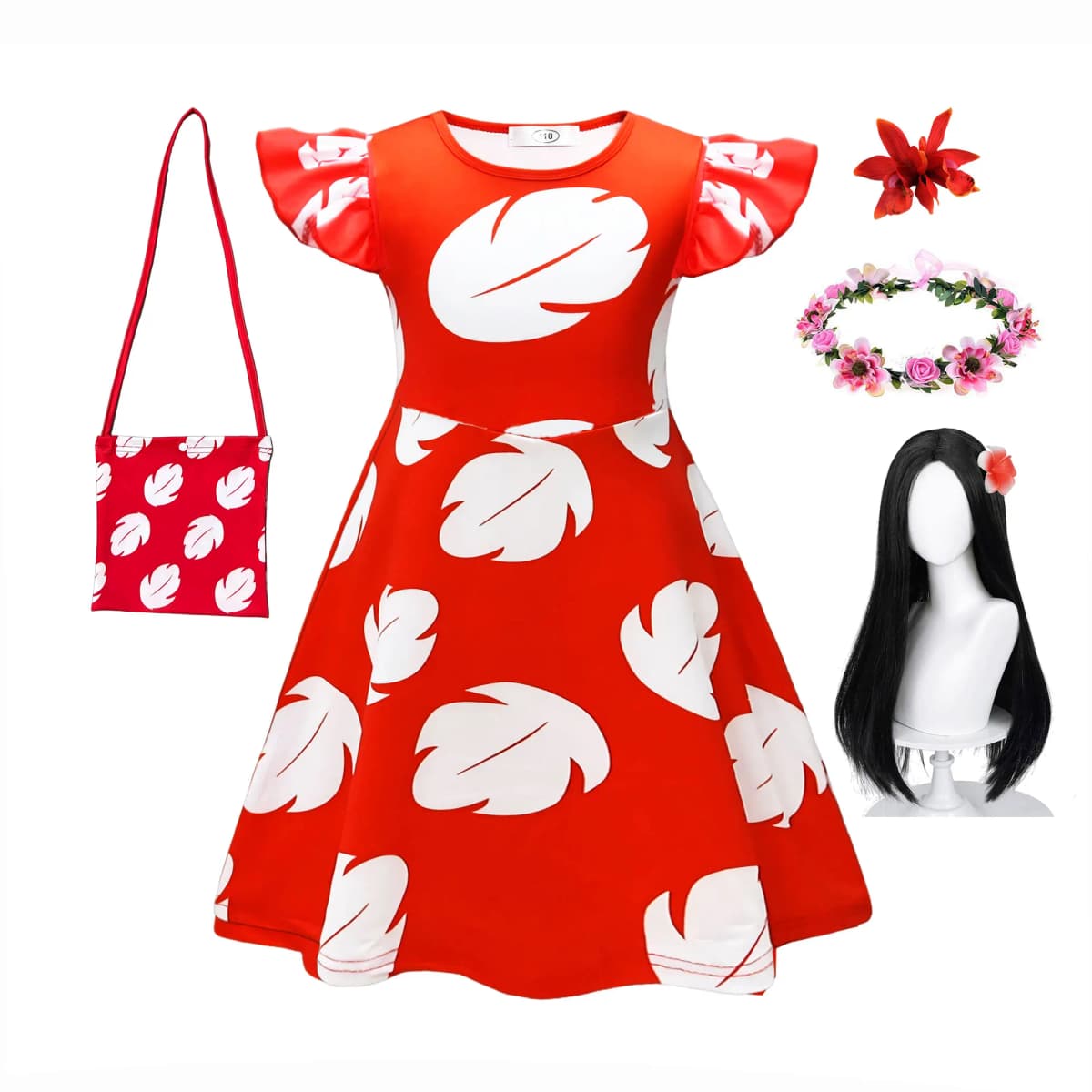 Hawaiian Girl Red Frock with White Feather Summer Casual Beach Dress Costume Play Cute Ohana Spirit Role Playing Apparel 2-12Yrs