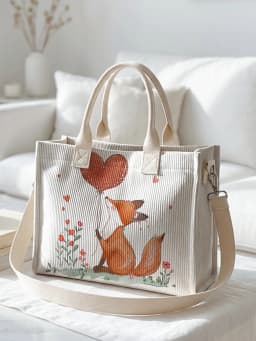 Cute Fox with Heart Balloon Print Corduroy Tote Bag Large Capacity Multi Pocket Girls Commuter Shoulder Bag